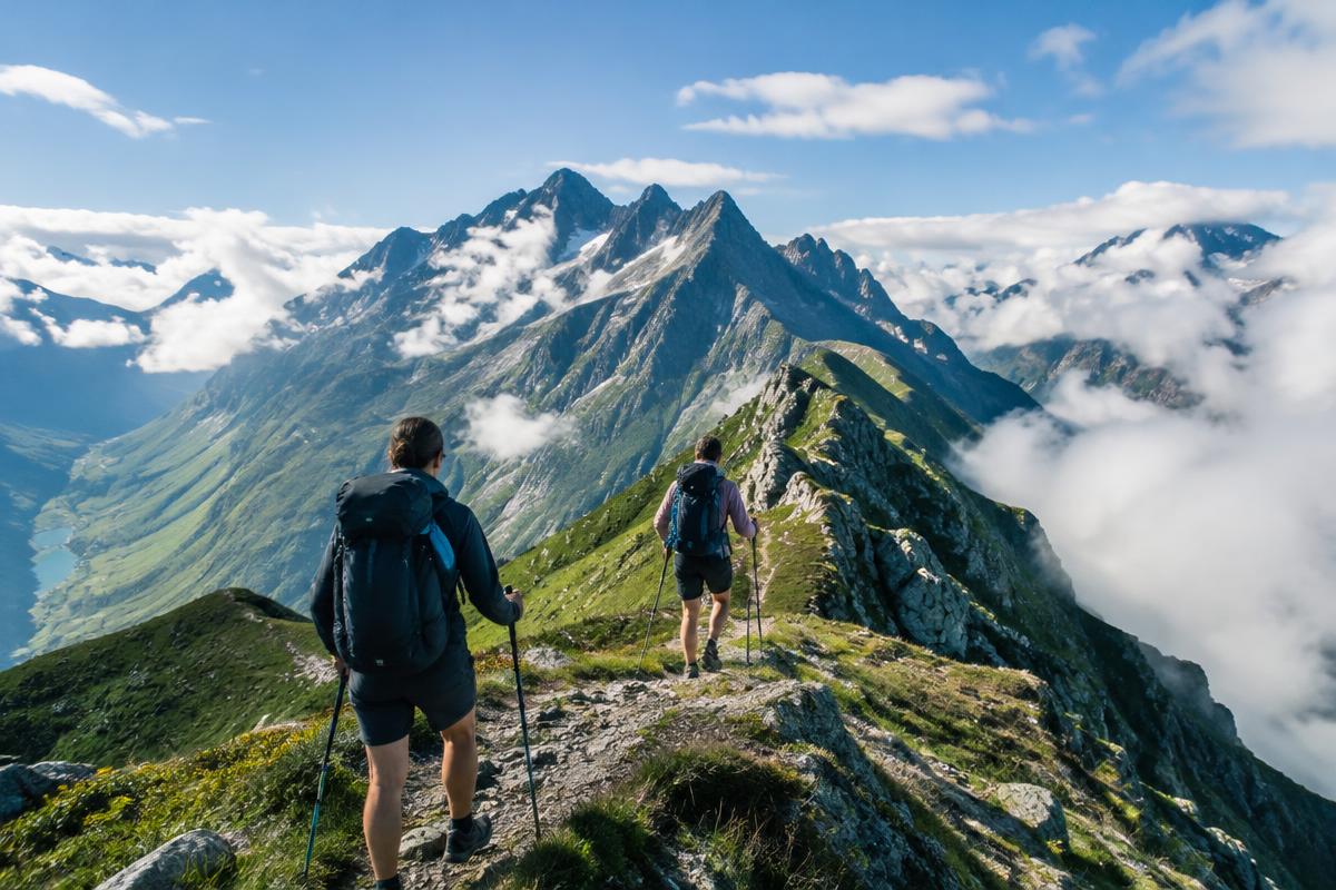 Dos senderistas recorren una cresta de montaña entre nubes