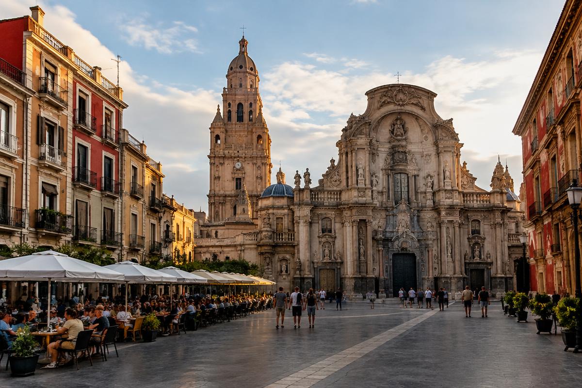 Plaza histórica con catedral barroca y terrazas al atardecer