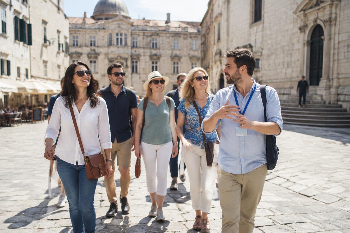Un grupo de viajeros recorre con su guía una plaza histórica europea