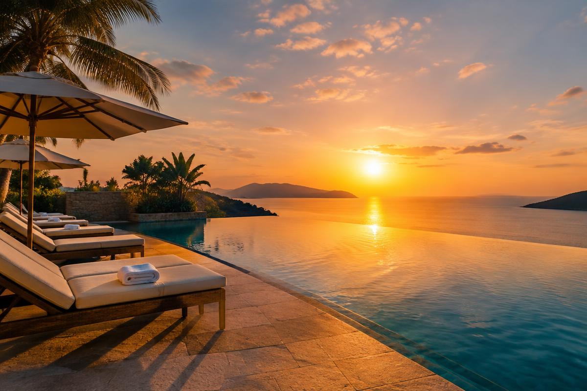 Terraza con piscina infinita de un hotel de lujo al atardecer frente al mar