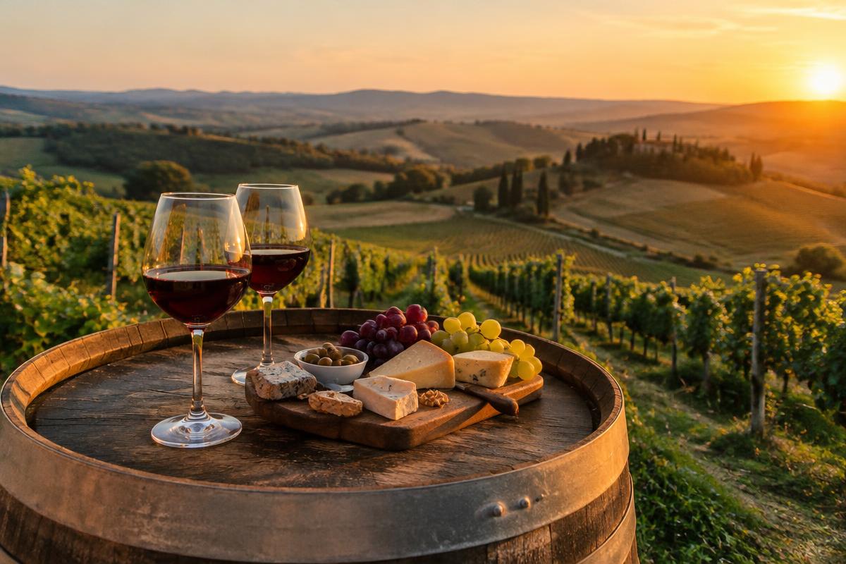 Copas de vino y tabla de quesos sobre una barrica en un viñedo al atardecer