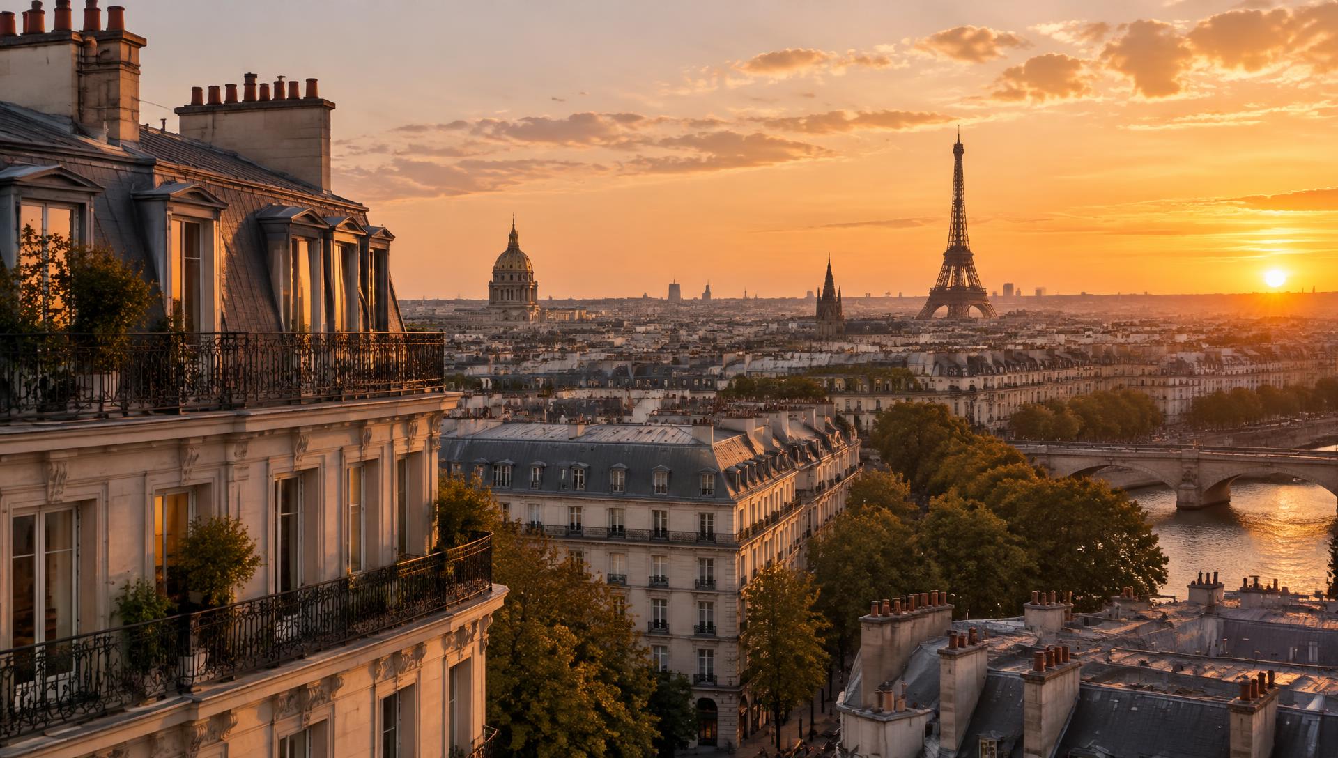 Vista panorámica de tejados europeos al atardecer